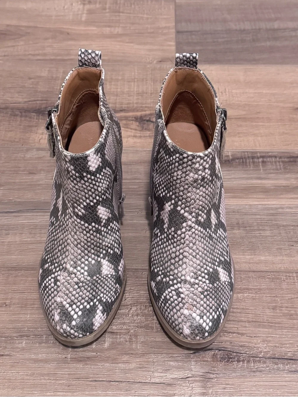 Universal Thread Snake-Print Ankle Booties in Gray and Cream